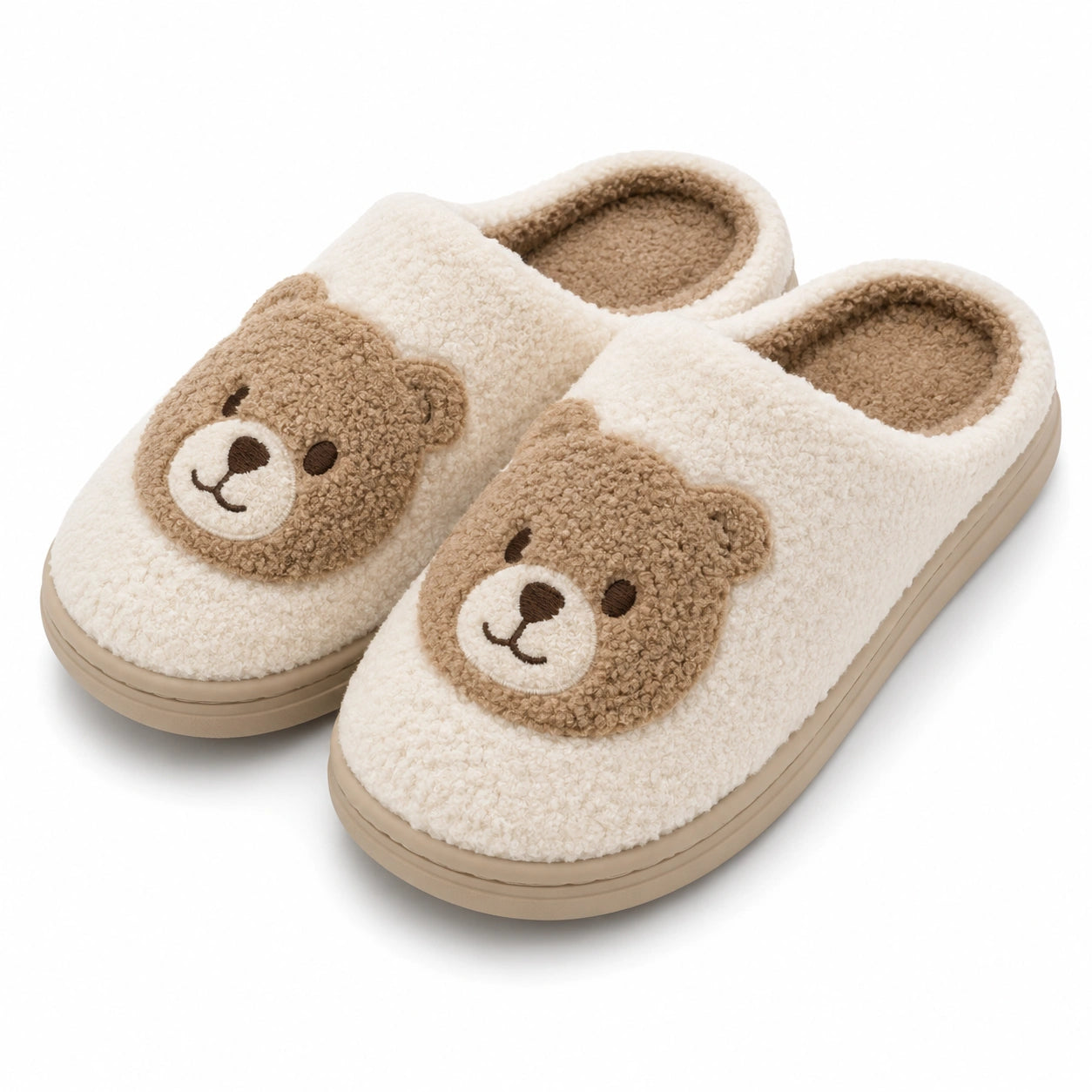 Pantofole 38/39 in tessuto bouclé bianco e beige con orsetto - da interno