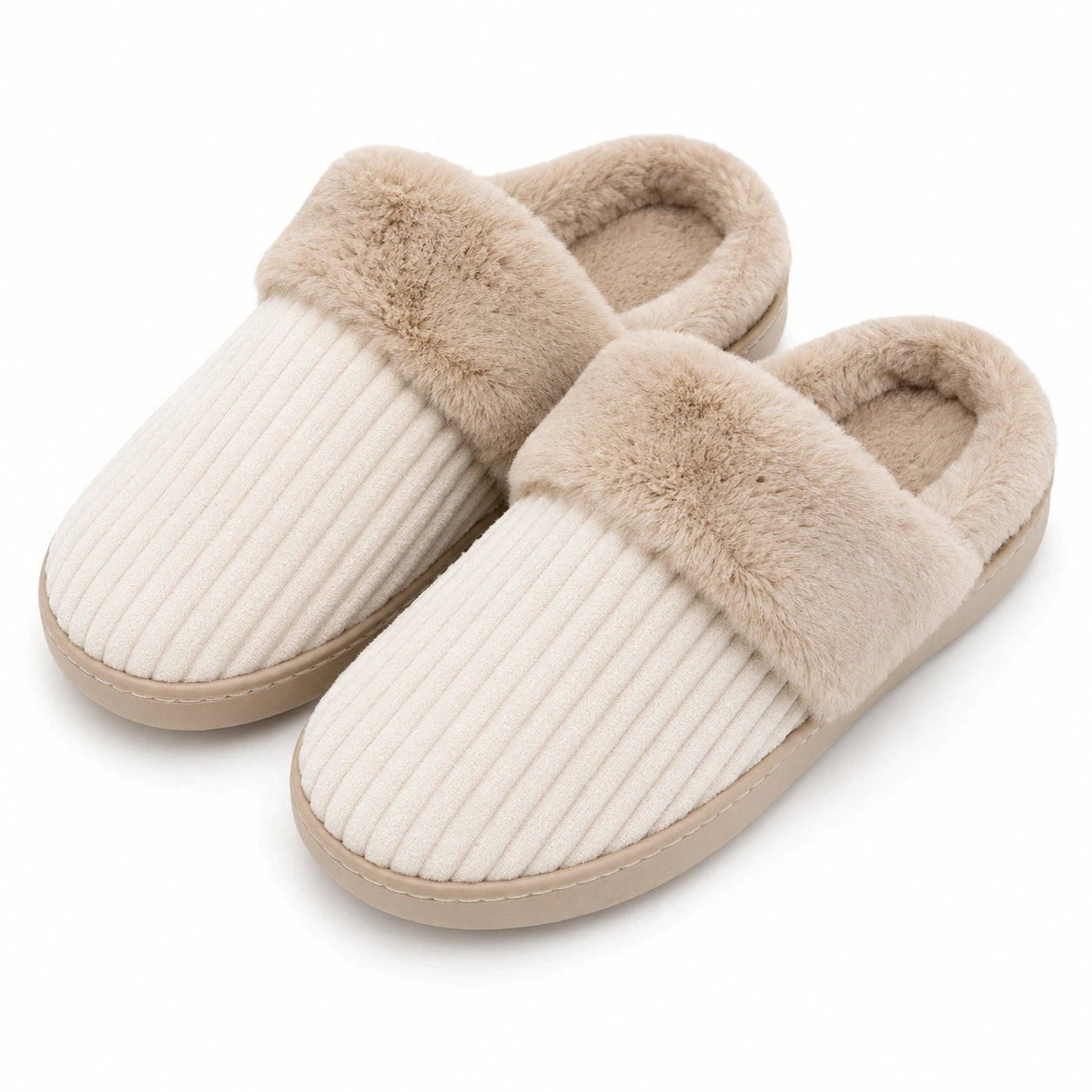 Pantofole da donna 40/41 in tessuto a coste beige con bordo effetto pelliccia per interno